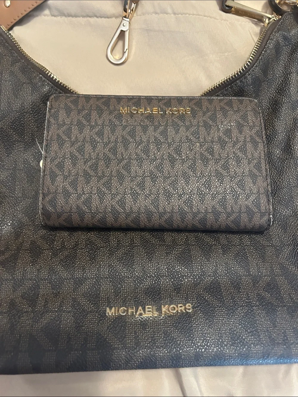 Michael Kors Dark Brown Monogram Hobo with Tan Strap and Matching Wallet